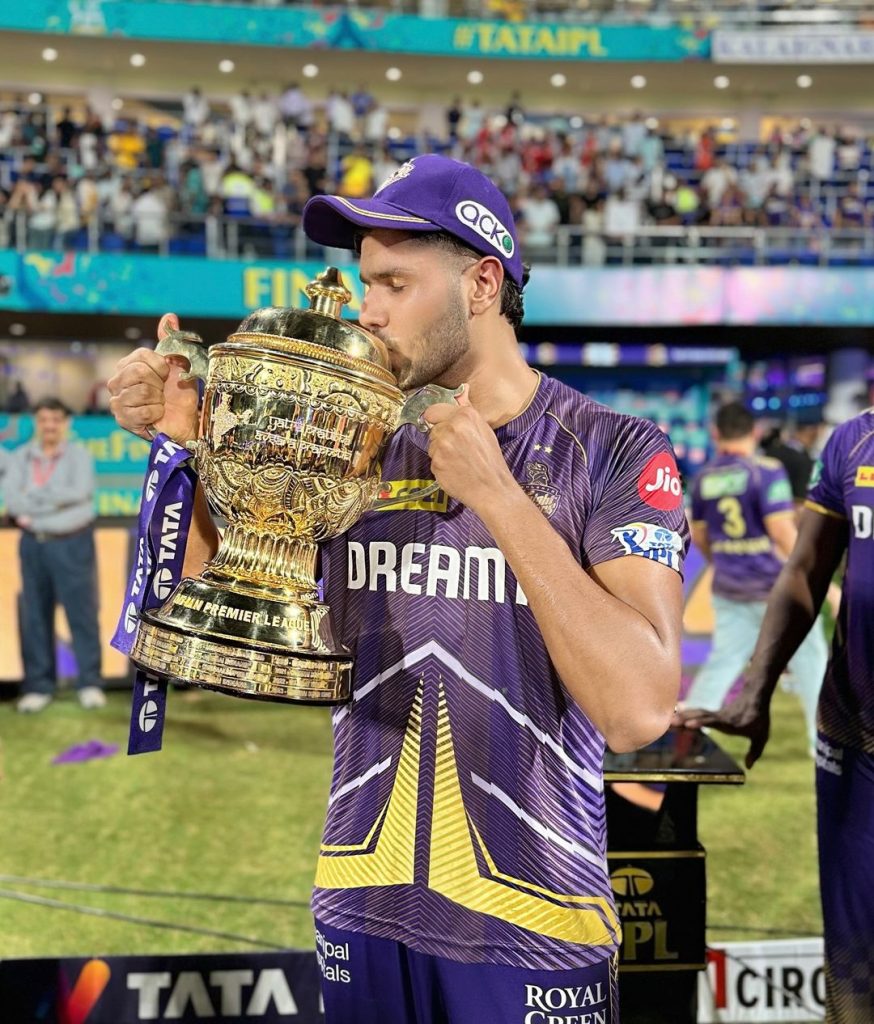 Harshit Rana Posing with IPL 2024 Trophy
