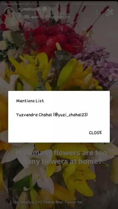 A text notification overlay appears on a blurred background of a bouquet with yellow lilies and red and purple flowers. The notification mentions Yuzvendra Chahal with an Instagram handle. | jeetwinbet.com