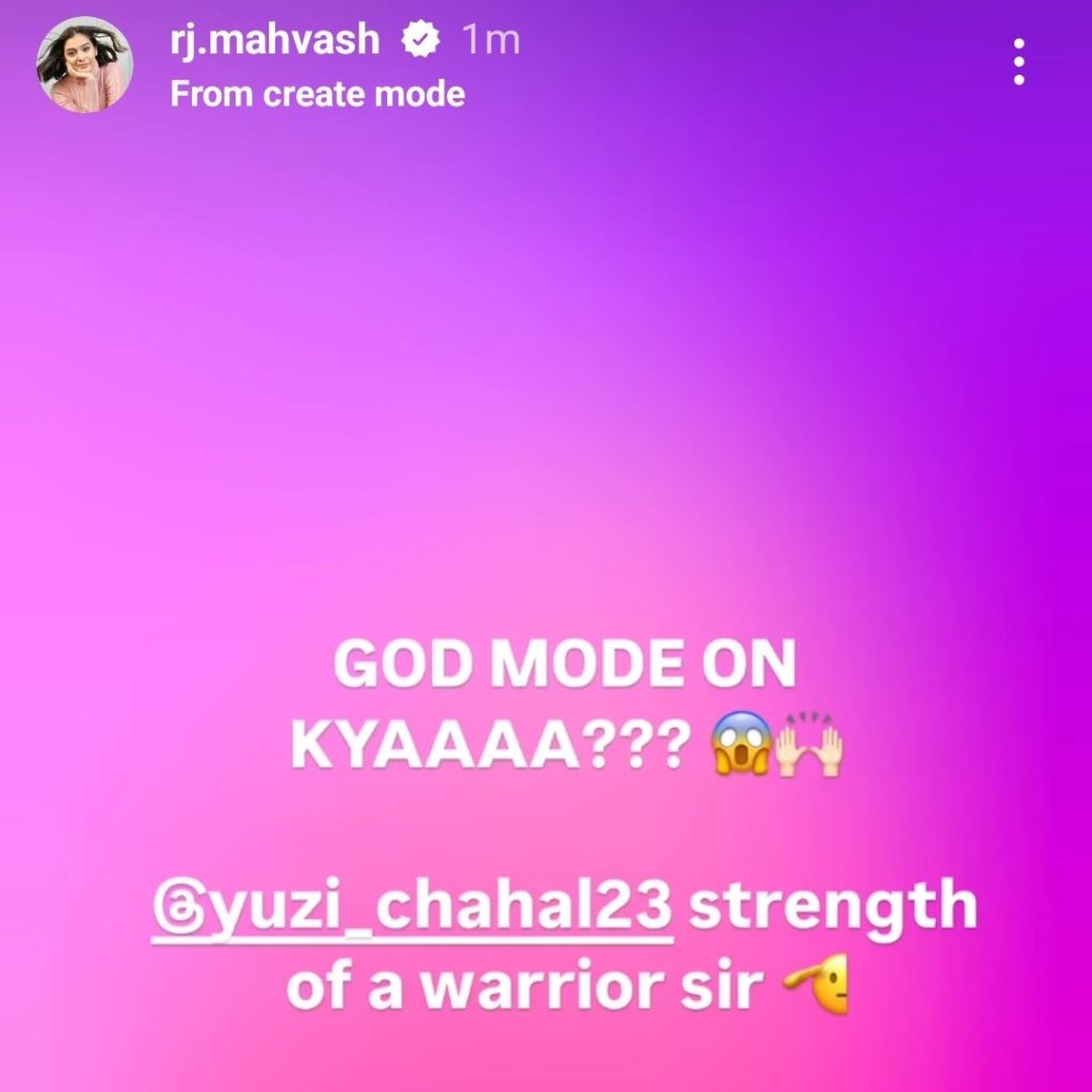 Instagram story screenshot featuring a pink to purple gradient background, text reading: GOD MODE ON KYAAAA??? 😱🙌 @yuzi_chahal23 strength of a warrior sir 🗝️. RJ Mahvash Reaction shines at the top, celebrating Yuzvendra Chahal against CSK. | jeetwinbet.com