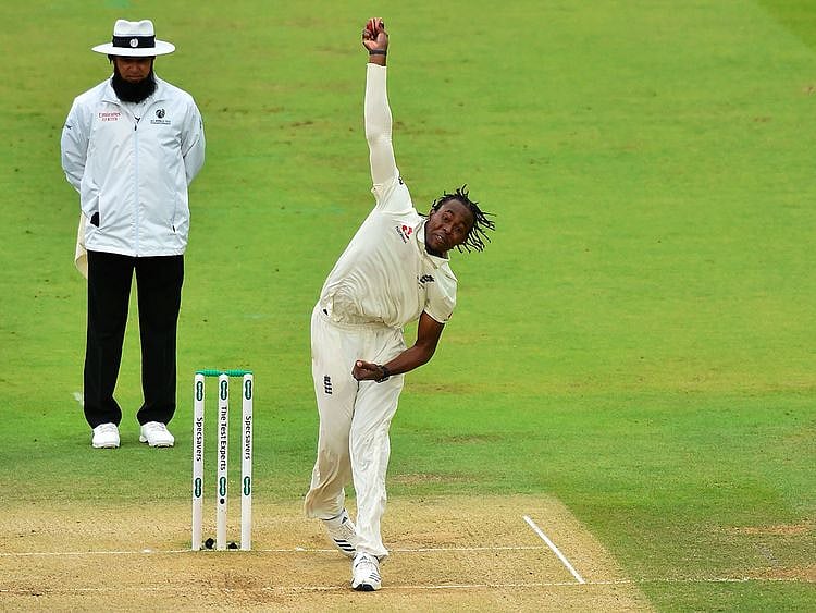 Jofra Archer bowling in Test match action