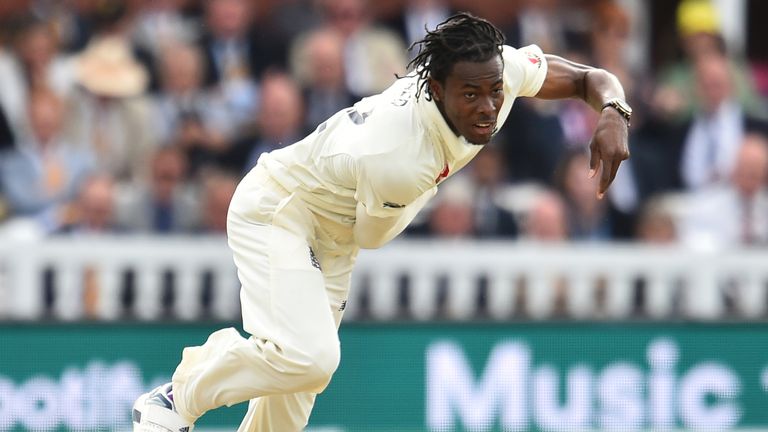 Jofra Archer in England Test kit during bowling action