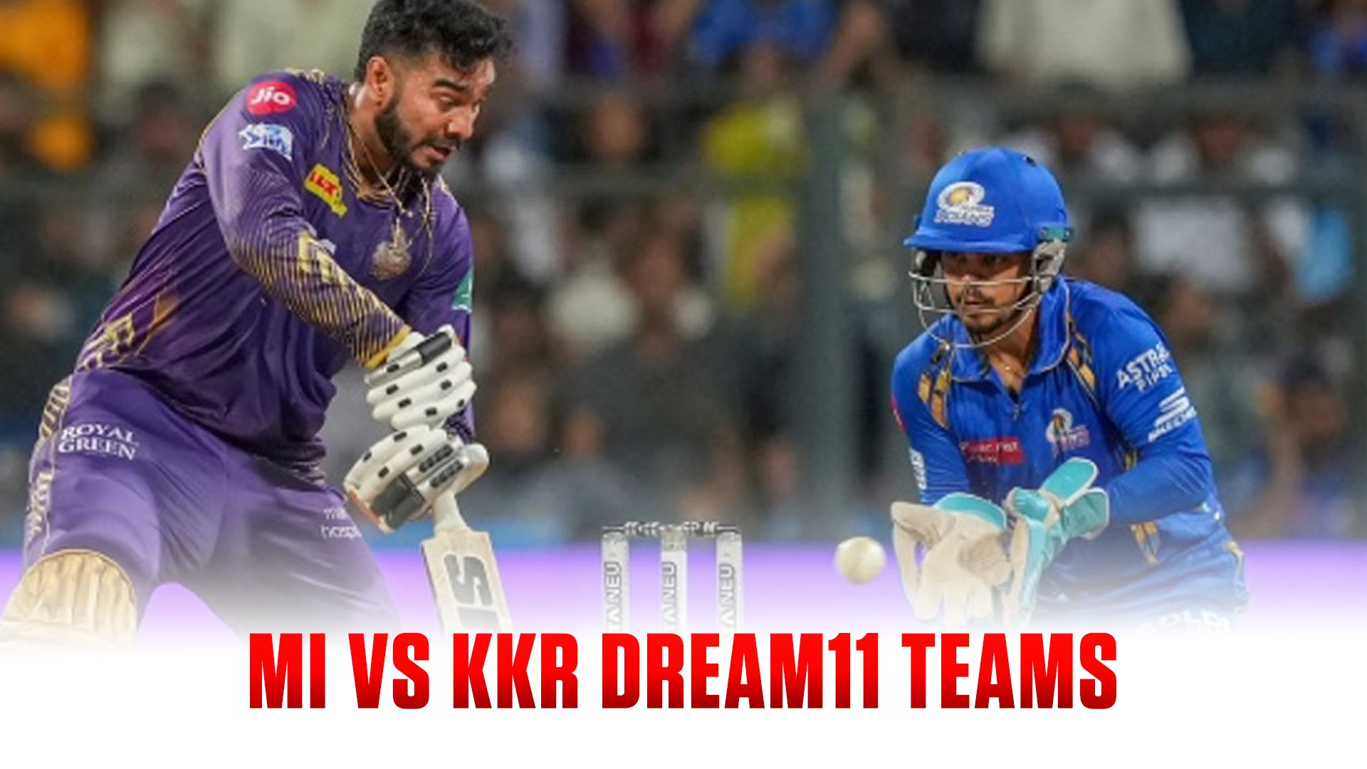 Amidst the thrilling cricket match, a player in a purple jersey bats fiercely against an opponent in a blue jersey who is wicketkeeping. Displayed at the bottom is MI vs KKR Dream11 Prediction Teams, capturing the excitement of IPL 2025 with expert Dream11 predictions. | jeetwinbet.com
