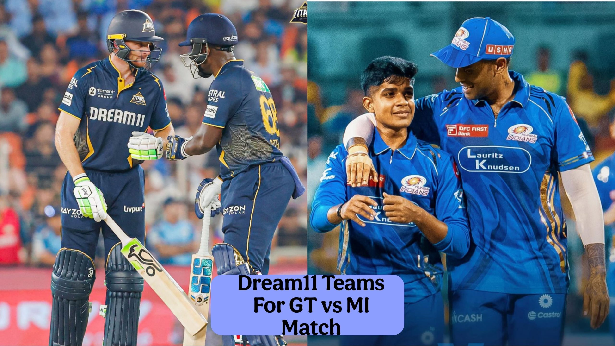 Cricketers in Dream11 jerseys from GT and MI teams are on the field. On the left, two GT players shake hands; on the right, MI players walk together smiling. Text reads: IPL 2025 - GT vs MI Today Dream11 Prediction & Fantasy Cricket Tips. | jeetwinbet.com