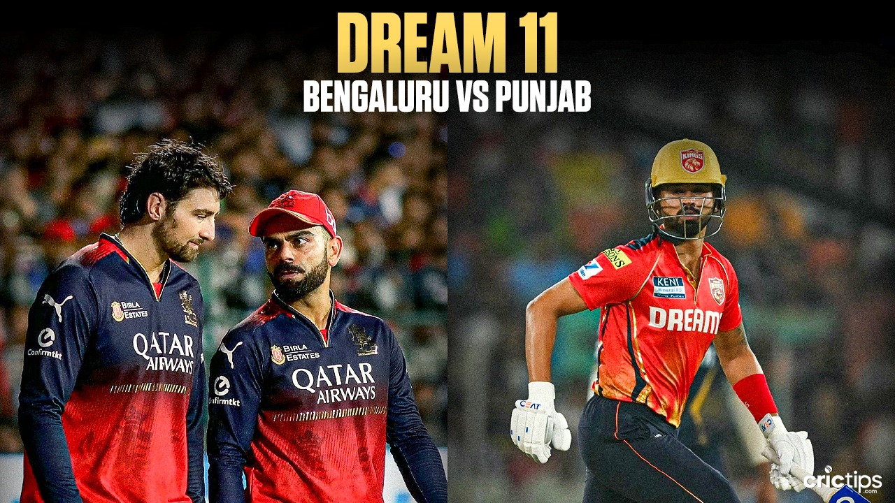 Three male cricket players are shown; two in red and blue Bengaluru uniforms stand together on the left, while one in a red and gold Punjab uniform walks on the right. Text reads Dream11 RCB vs PBKS IPL 2025 Prediction. | jeetwinbet.com