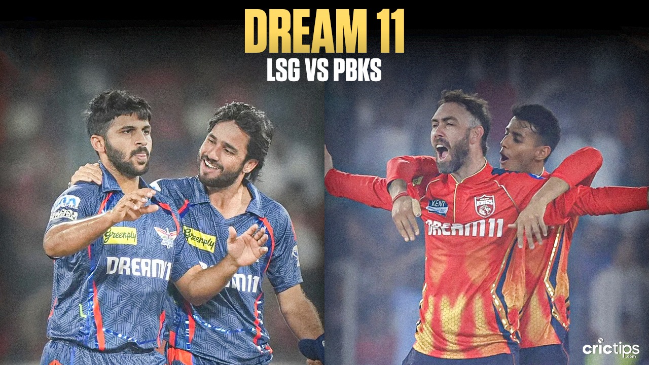 Two pairs of cricket players celebrate, donning jerseys from different teams. LSG vs PBKS today Dream11 Prediction: LSG vs PBKS headlines the scene, and Crictips graces the bottom right. The players are buzzing with excitement, showcasing camaraderie for IPL 2025. | jeetwinbet.com