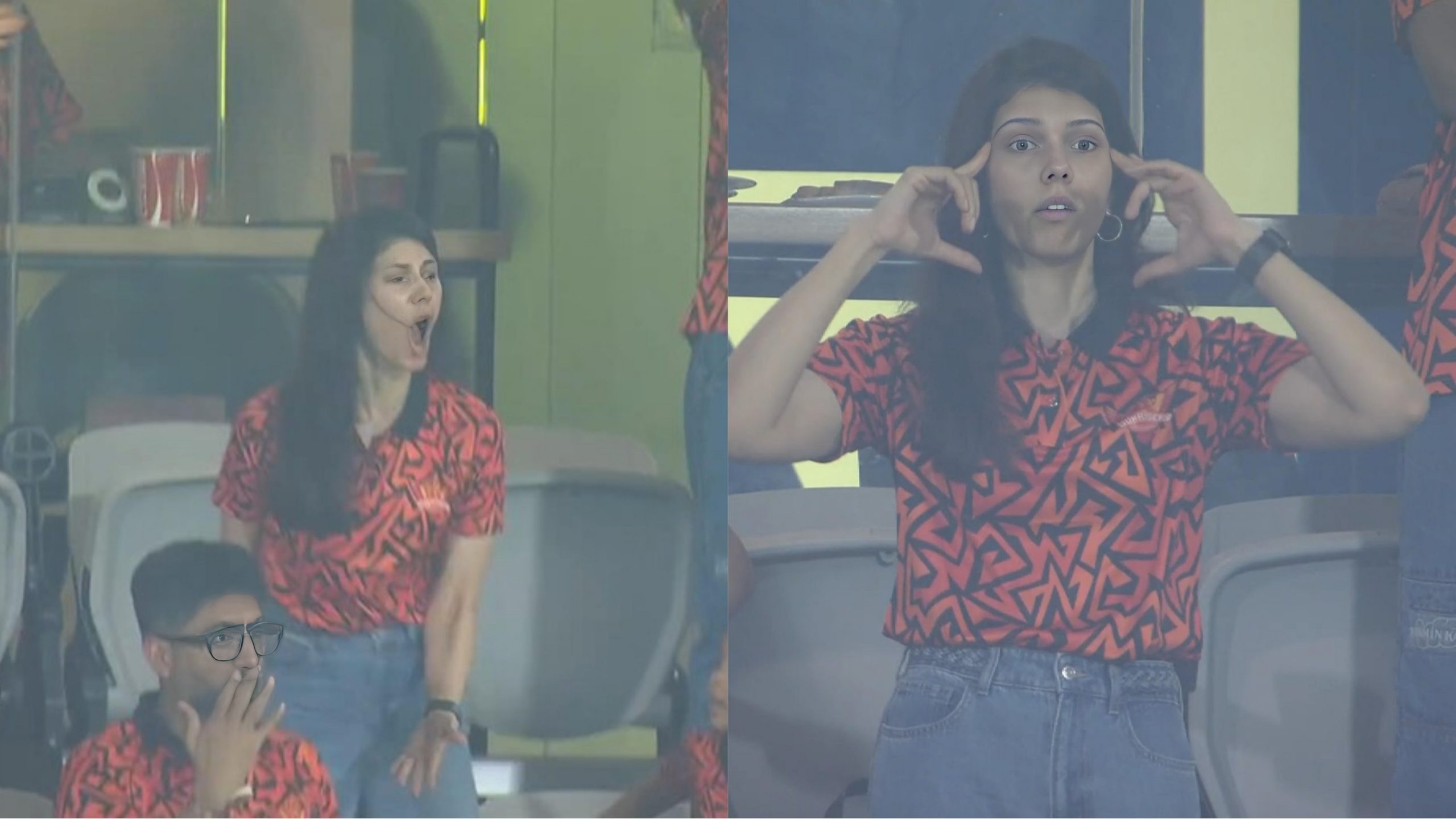 Two photos show Kavya Maran in a red and black patterned shirt and blue jeans at a stadium. In the left image, she reacts with her mouth open—possibly after Harshal Patel drops the catch. In the right, she gestures with her hands near her face. | jeetwinbet.com