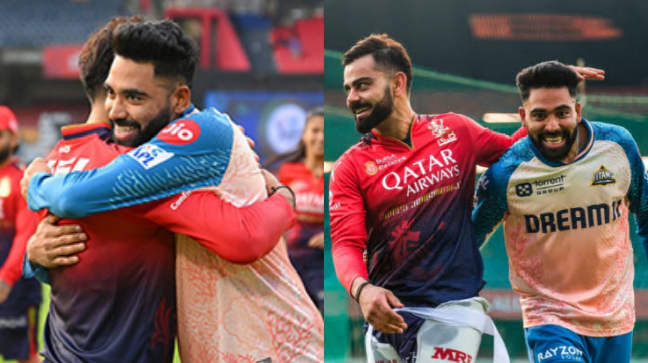 Virat Kohli and Mohammed Siraj share bromance at M Chinnaswamy Stadium IPL 2025 - CricTips Virat Kohli and Mohammed Siraj share bromance at M Chinnaswamy Stadium IPL 2025